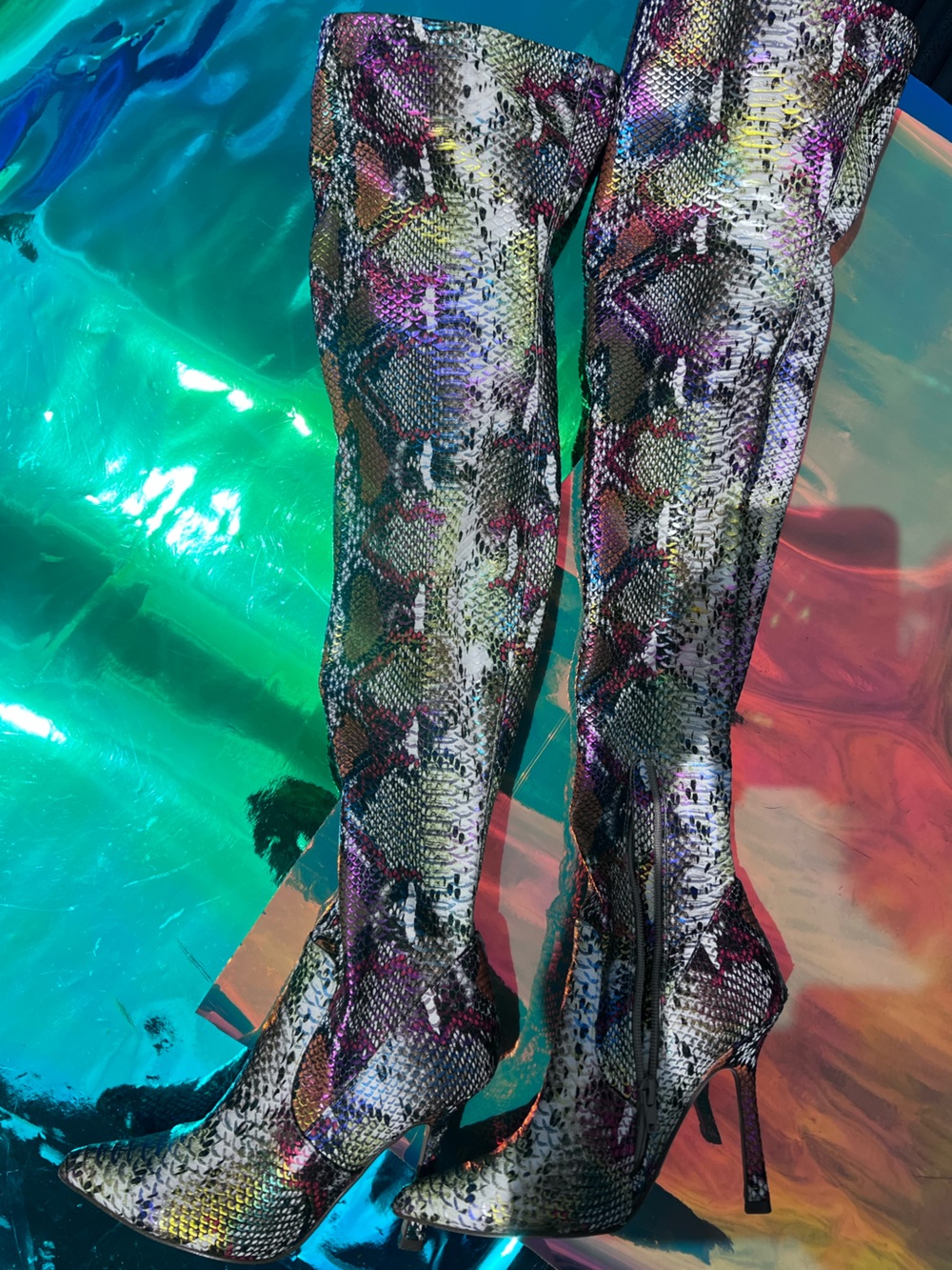 Over the Knee Colorful Iridescent Faux Snake Fabric Boots 6.5 medium